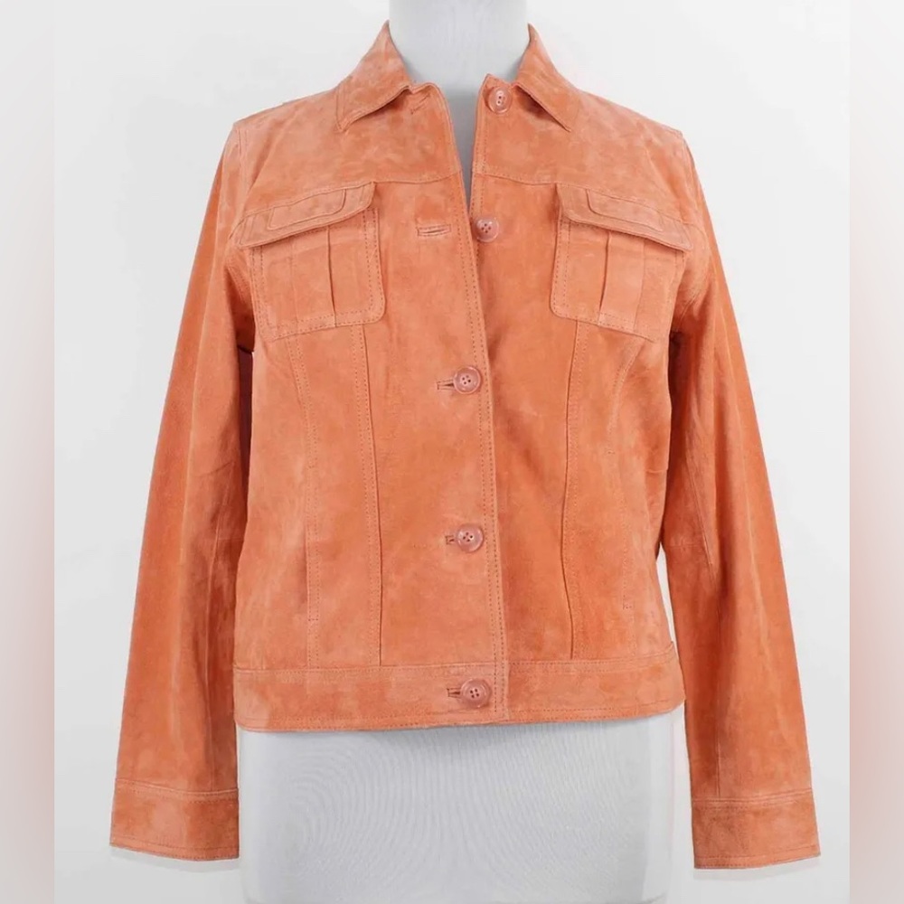 Dennis Basso NEW Sz S Coral Button Up Pockets Washable Suede Leather Jacket